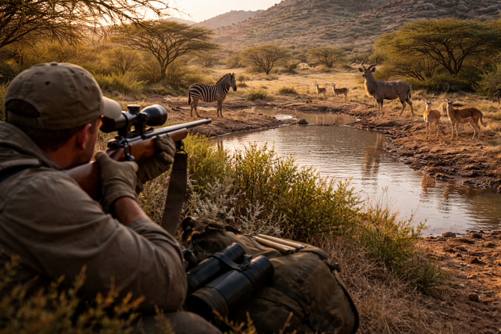 Jagdszene an einem Wasserloch mit Jäger